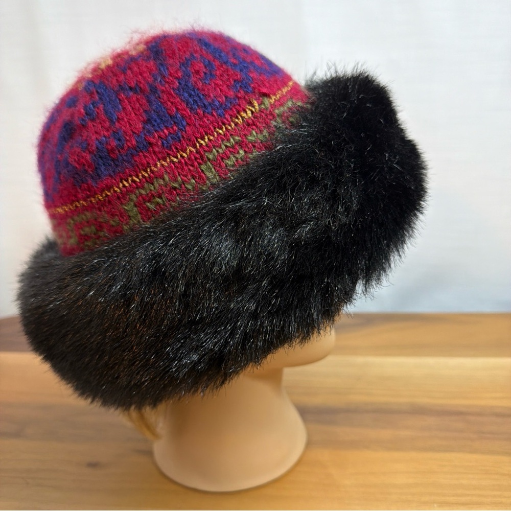 Aris Hat Women One Sz Faux Fur Crown Cuff Acrylic Double Knit Beanie Made In USA